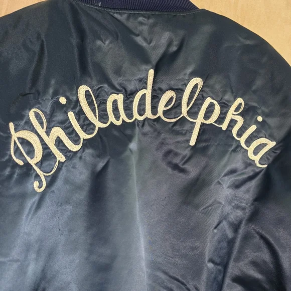 Vintage 80s Birdie Richard A Leslie Blue Satin Puffer Jacket Philadelphia Philly - Picture 3 of 16